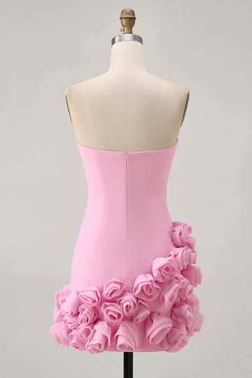 Strapless Bodycon Pink Homecoming Dress with 3D Flowers